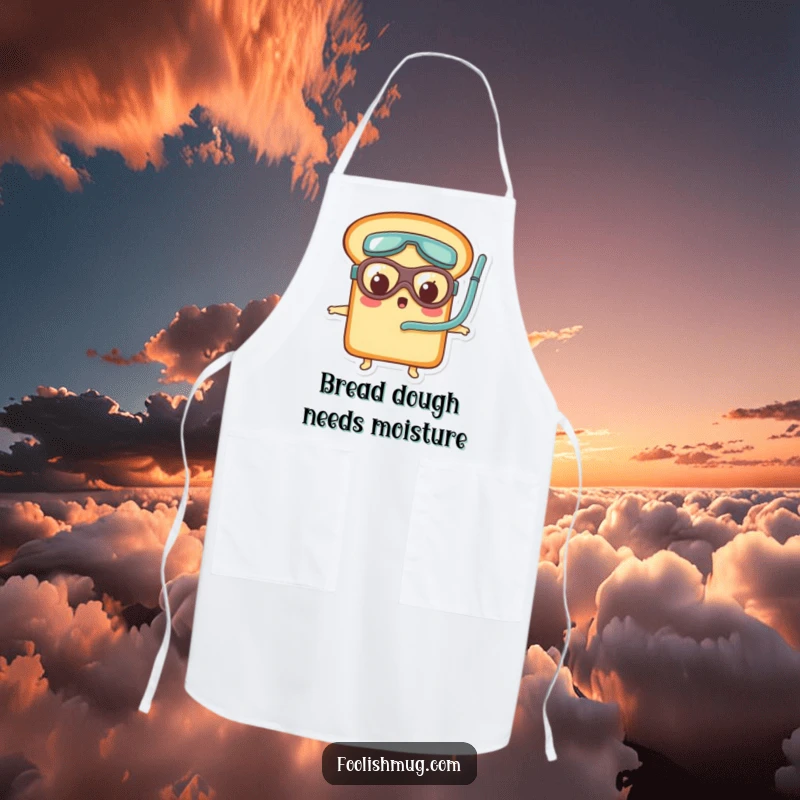 Funny bread loaf character wearing tiny goggles and snorkel, looking surprised on a kitchen apron, ready to cook with humor.