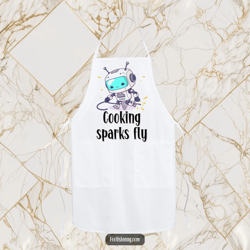 Funny apron showcasing a clumsy robot tripping over its power cord with sparks flying, great for cooking and as a funny kitchen gift.