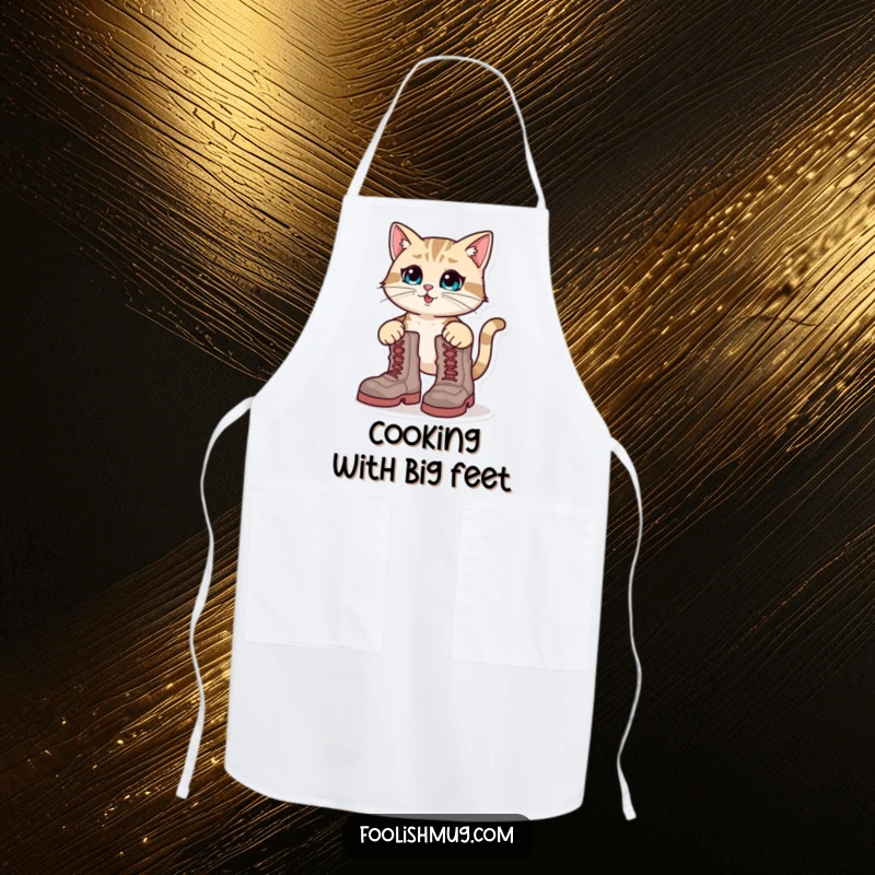 Funny Apron: A determined cat character hilariously attempting to wear oversized boots, perfect for a fun kitchen.