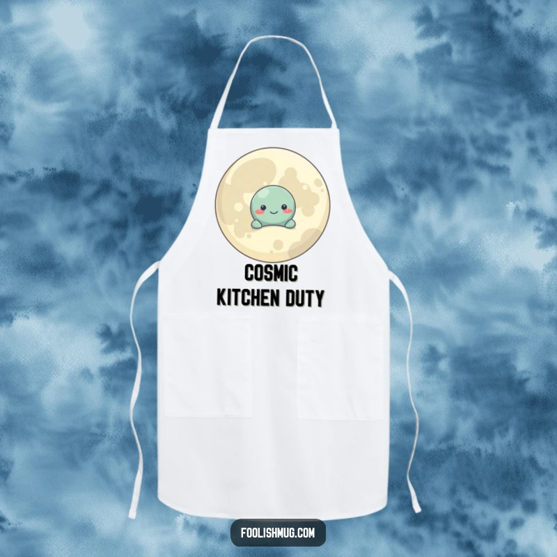 Funny Apron: A shy planet character hides behind a smiling moon, adding gentle humor to cooking.
