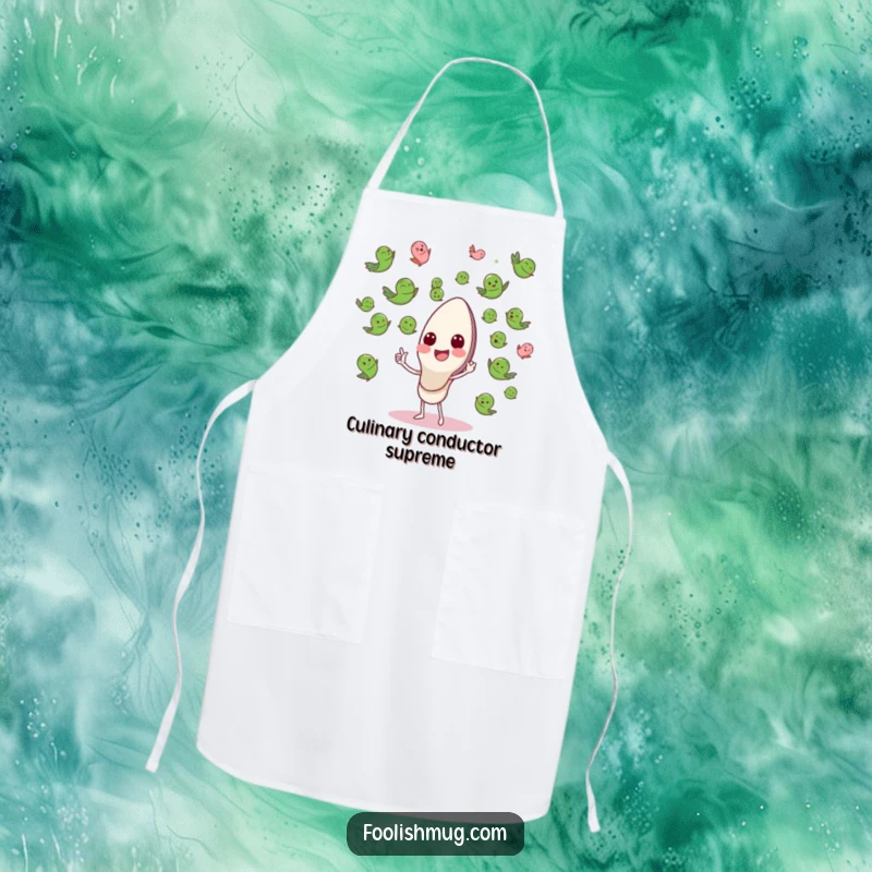 Funny Apron with a happy spoon conducting a flying pea orchestra, ideal for kitchen performances and humor.