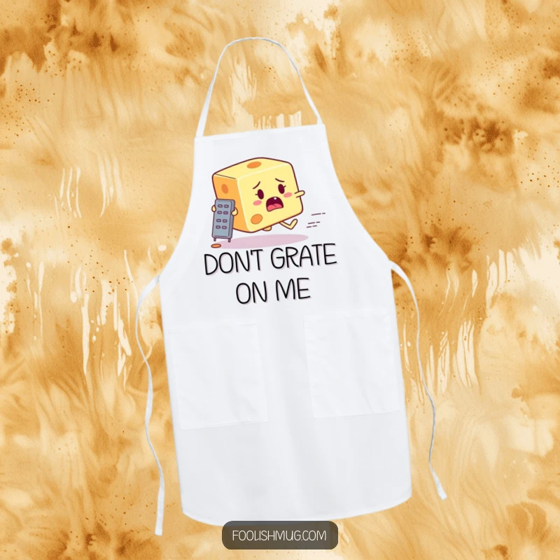 Funny startled cheese block character attempting to outrun a tiny grater on a kitchen apron, bringing food humor to cooking.