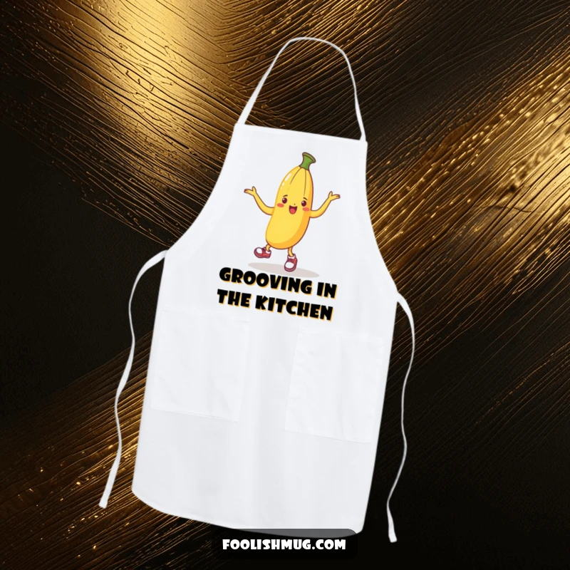 Funny apron showing a banana peel in tiny shoes dancing energetically, a humorous kitchen accessory for a lively cooking experience.