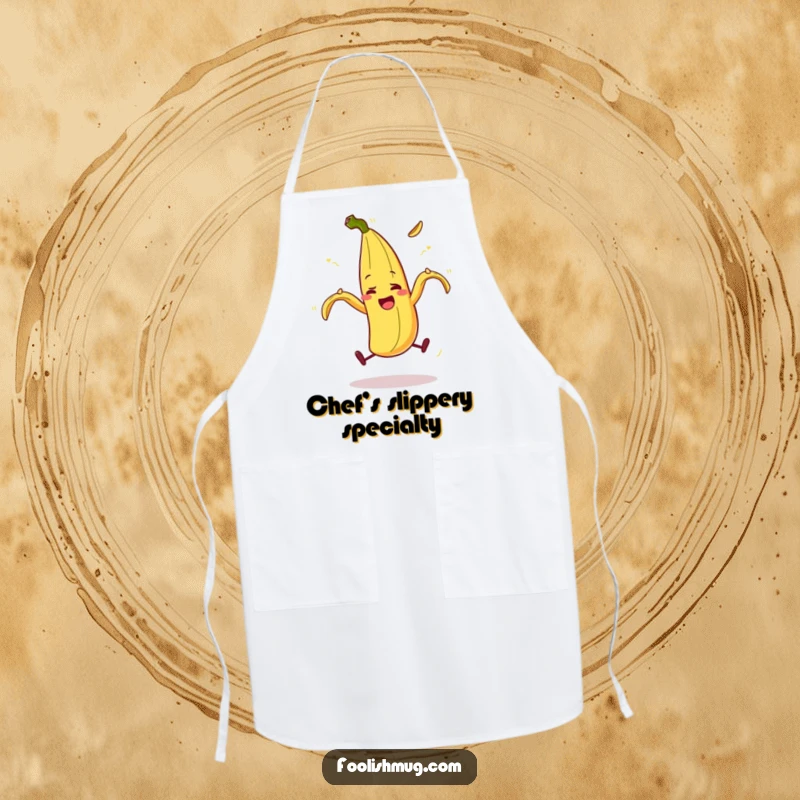 Funny banana peel character comically slipping while cooking, a humorous and protective apron, a funny gift.