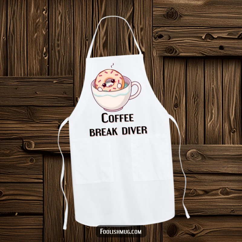 Funny kitchen apron showing a donut attempting to swim in a coffee mug, perfect for adding humor to cooking and baking activities.