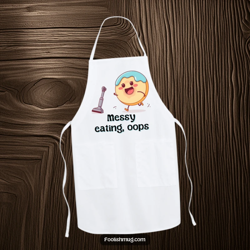 Funny donut character fleeing a miniature vacuum cleaner on a kitchen apron, depicting a comical pursuit during food preparation.