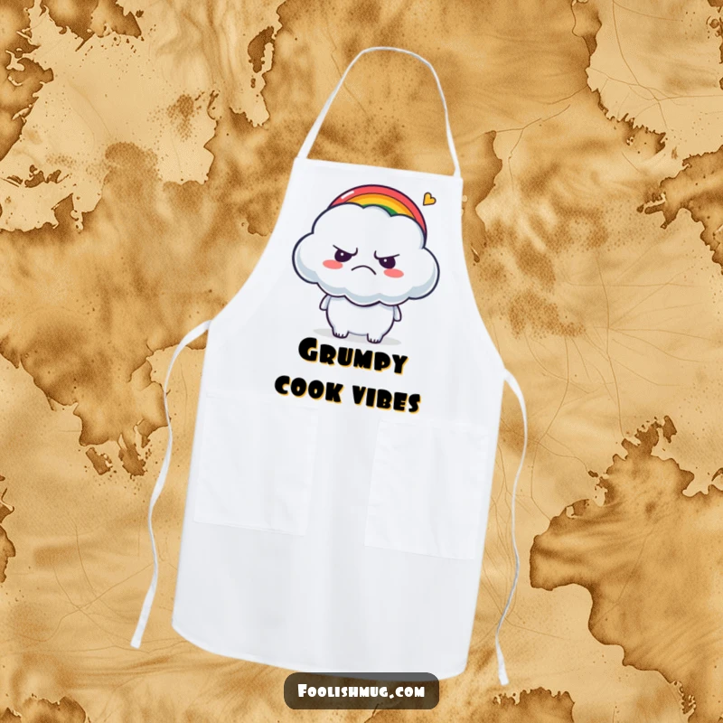 Funny Apron: A grumpy cloud character being tickled by a tiny rainbow, perfect for a humorous kitchen space.