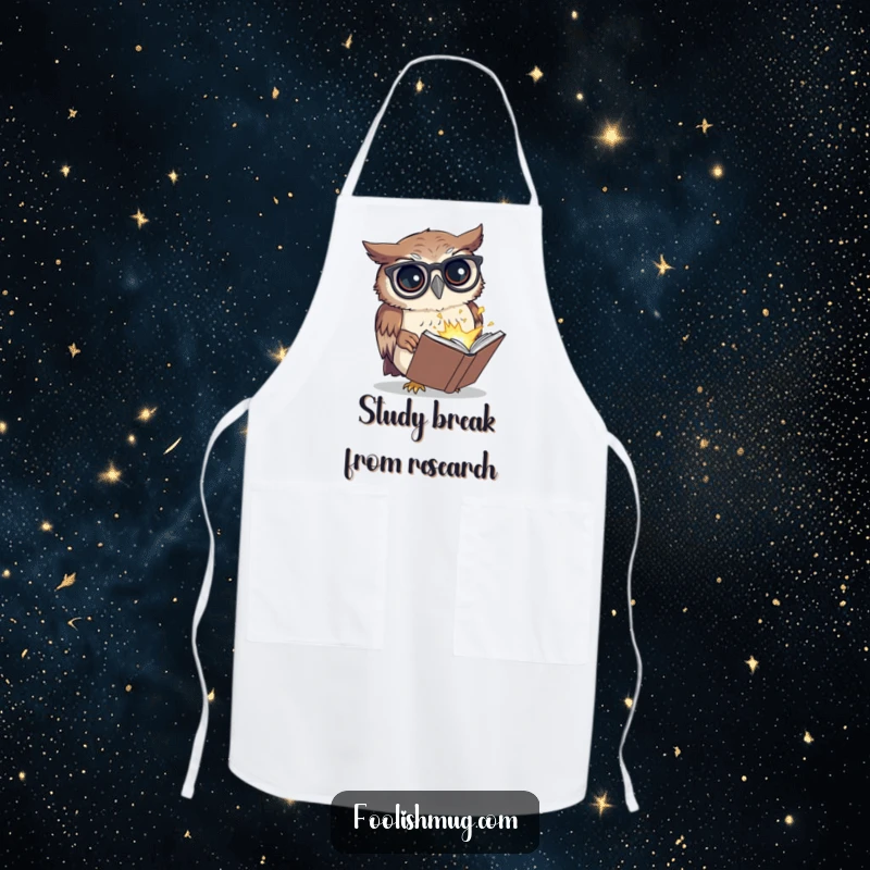 Funny apron showing a confused owl with spectacles reading a tiny exploding book, ideal for cooking and a funny kitchen gift.