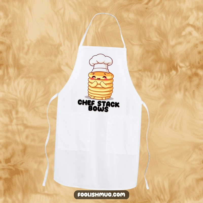 Funny pancake apron, wobbly stack wearing a tiny chef hat, comically attempting to bow, perfect for kitchen duties with humorous charm.