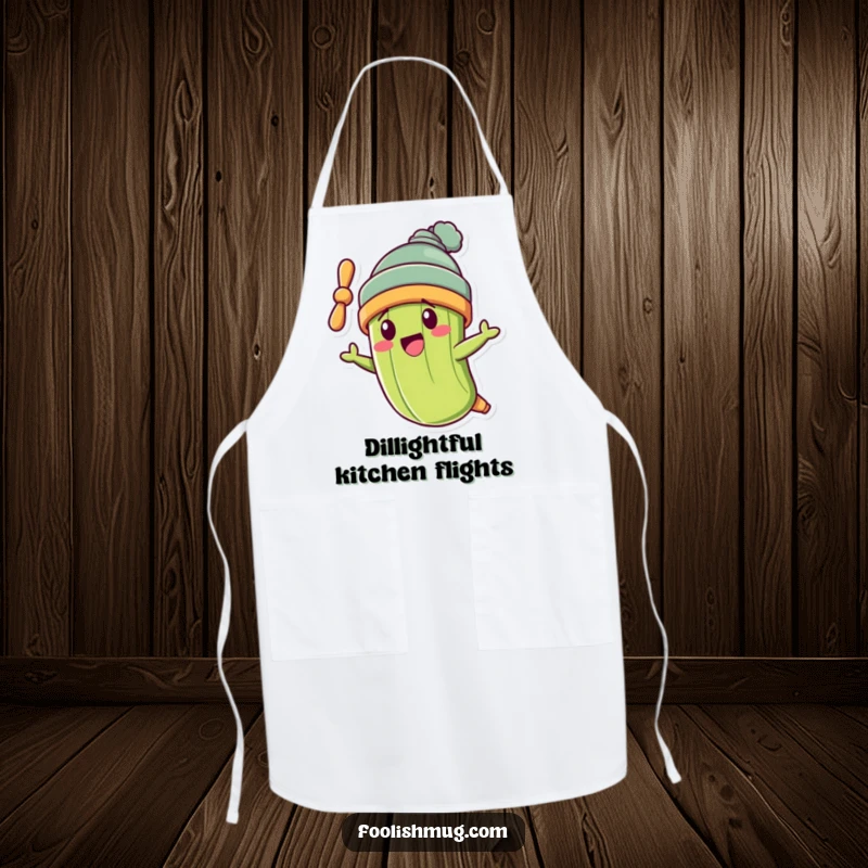 Funny pickle character wearing a propeller beanie, flying crookedly on a funny kitchen apron.