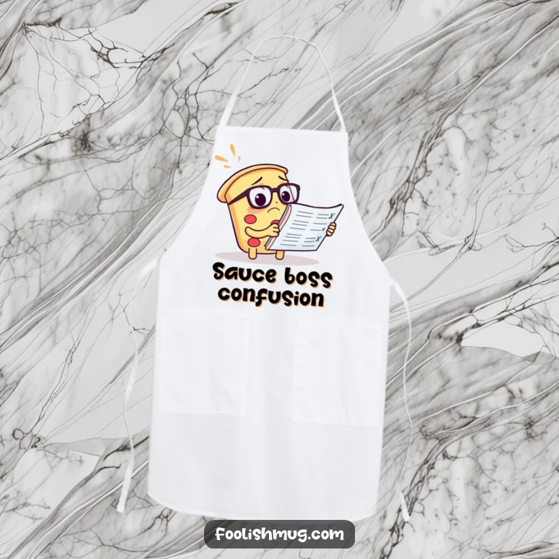 Funny pizza apron with a confused slice wearing spectacles reading a menu, perfect for a fun kitchen.