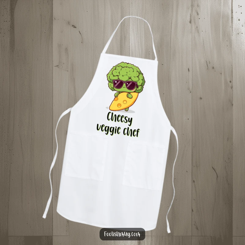 Funny shy broccoli apron, showing a broccoli wearing sunglasses, hiding behind a massive cheese slice, perfect for kitchen protection.
