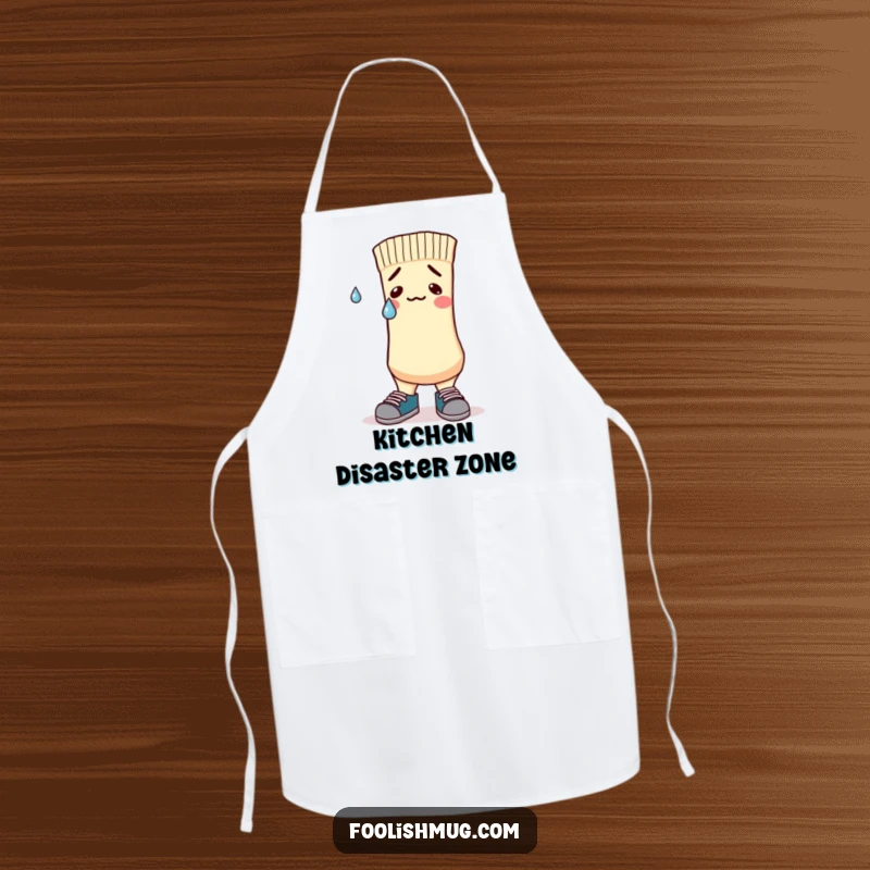 Funny Apron featuring a nervous sock character in mismatched shoes and a sweatdrop, ideal for kitchen humor.