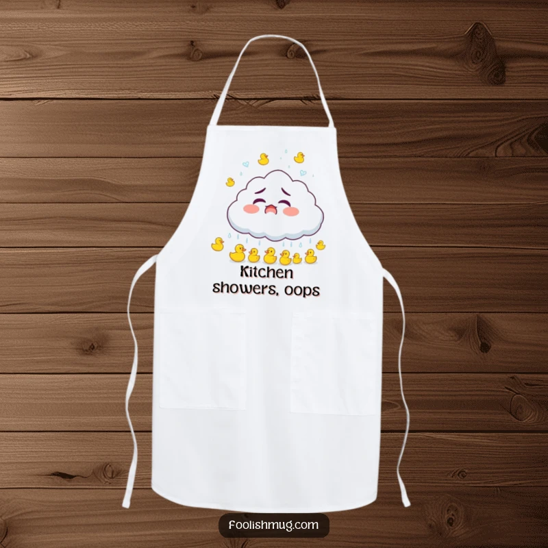 Funny cloud character accidentally raining tiny bouncing rubber ducks while cooking, a humorous and practical apron, a funny gift.