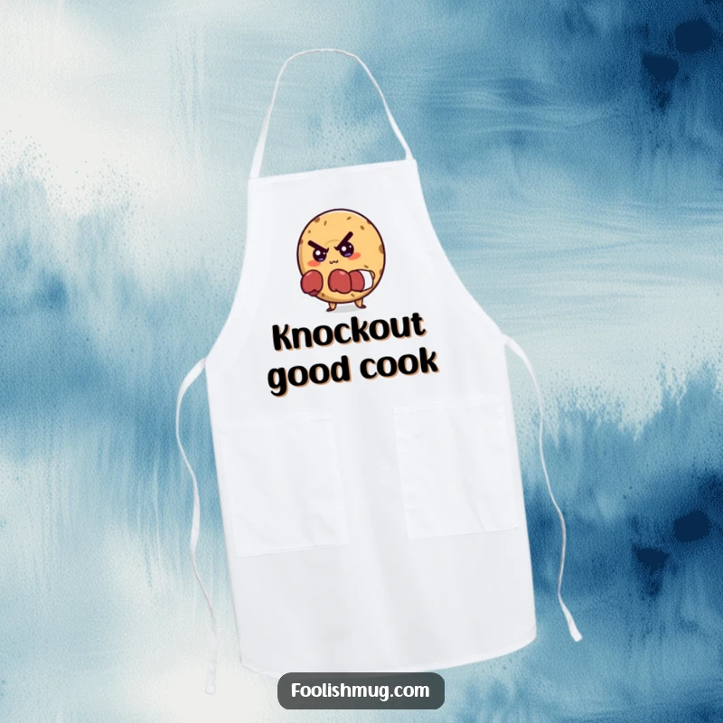 Funny apron with a mischievous bagel character wearing tiny boxing gloves, looking determined, ready for kitchen battles.