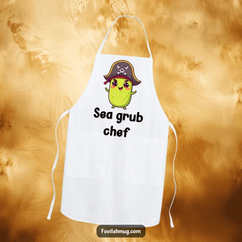 Funny Apron: A mischievous pickle wearing a pirate hat, designed for kitchen fun and protection with a splash of nautical humor.