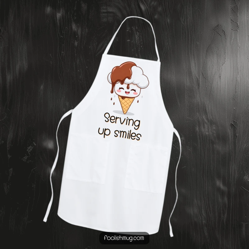 Funny apron showcasing a giggling cloud character raining chocolate syrup on a confused ice cream cone, great for cooking and as a funny kitchen gift.