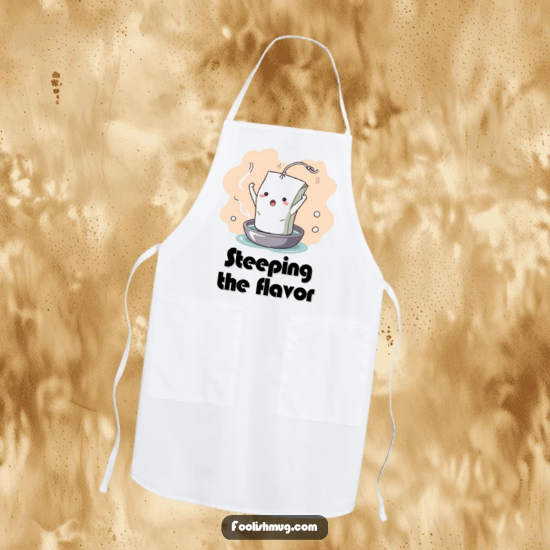 Funny Apron: A dramatic teabag character comically unfurling into hot water while cooking. A humorous kitchen accessory.