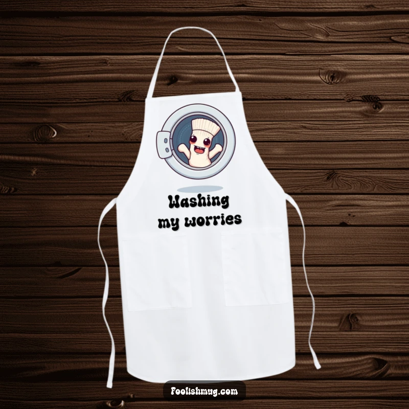 Funny apron featuring a mischievous sock character attempting to escape a washing machine, ideal for laundry room chefs.