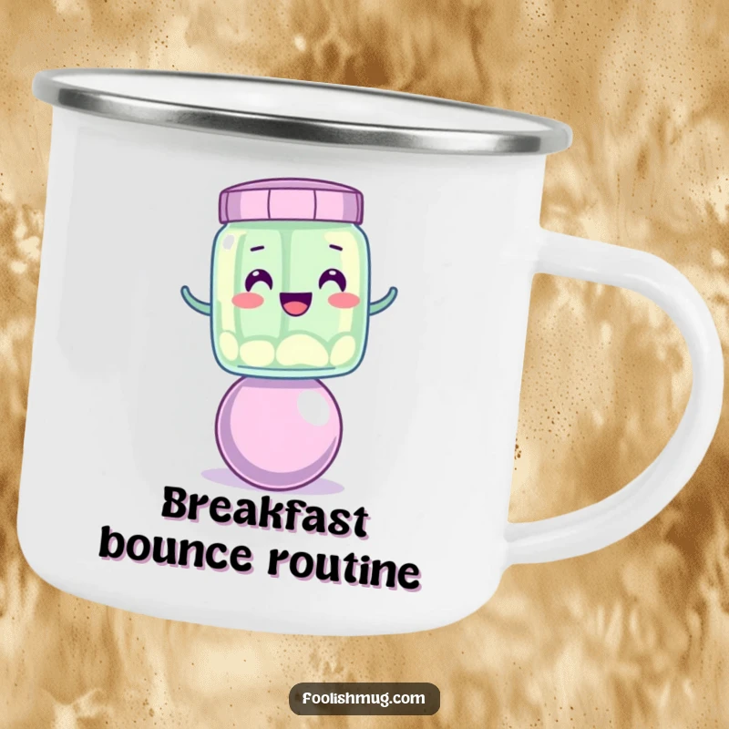 Funny wobbly jelly jar character balancing on a bouncing ball, featured on a sturdy funny camping mug.