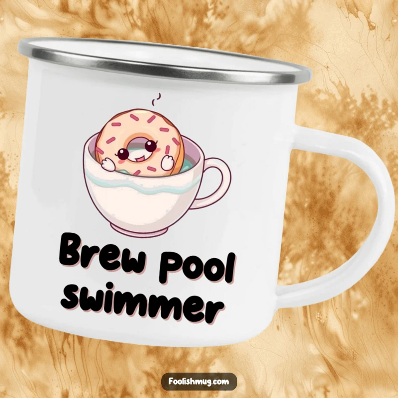Funny camping mug depicting a donut attempting to swim in a coffee mug, ideal for outdoor enthusiasts who love breakfast treats and humor.