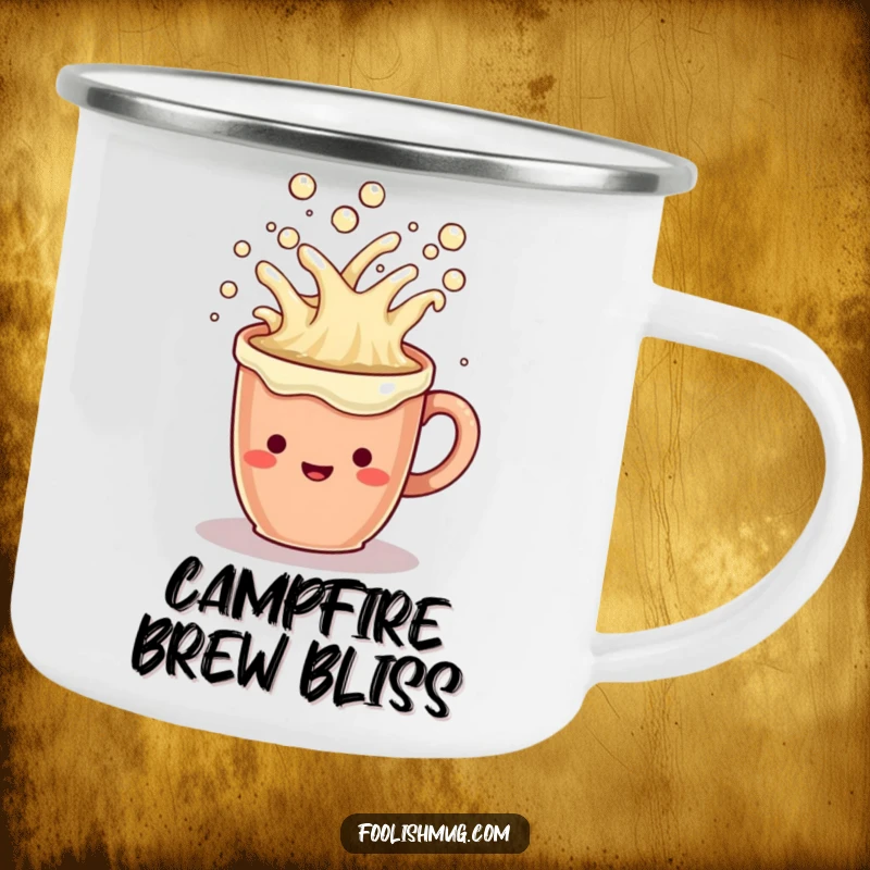Funny Camping Mug: A cheerful coffee mug character overflowing with bubbly liquid, perfect for outdoor enjoyment.