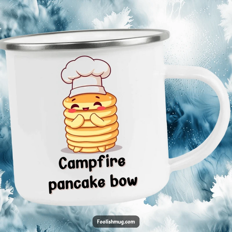 Funny pancake camping mug, wobbly stack wearing a tiny chef hat, comically attempting to bow, perfect for humorous outdoor breakfasts.