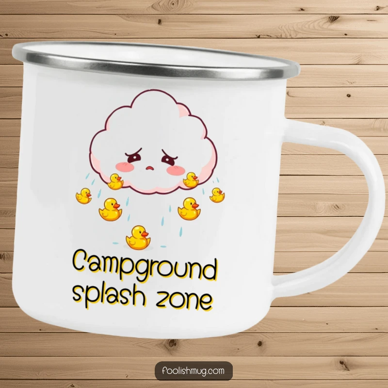 Funny startled cloud character accidentally raining tiny bouncing rubber ducks on a camping mug, ideal for outdoor humor.