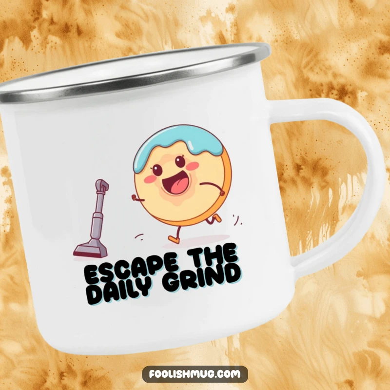 Funny donut character running from a small vacuum cleaner on a durable camping mug, perfect for humorous outdoor beverage enjoyment.