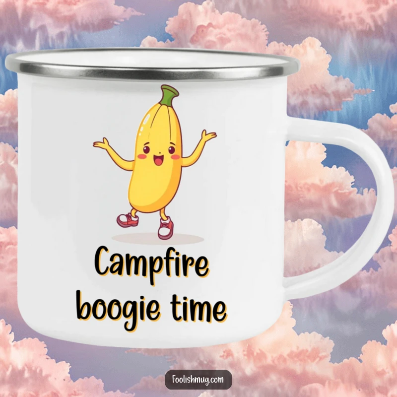 Funny camping mug with a banana peel in tiny shoes dancing, ideal for enjoying beverages during outdoor adventures with a playful spirit.