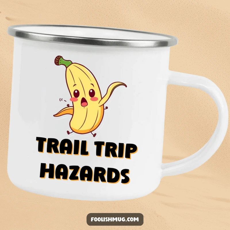 Funny banana peel character in an exaggerated slip on a camping mug, offering humorous enjoyment during outdoor activities.