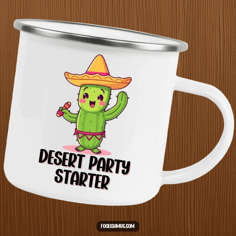 Funny dancing cactus in a sombrero, holding maracas, on a durable camping mug for outdoor fun.