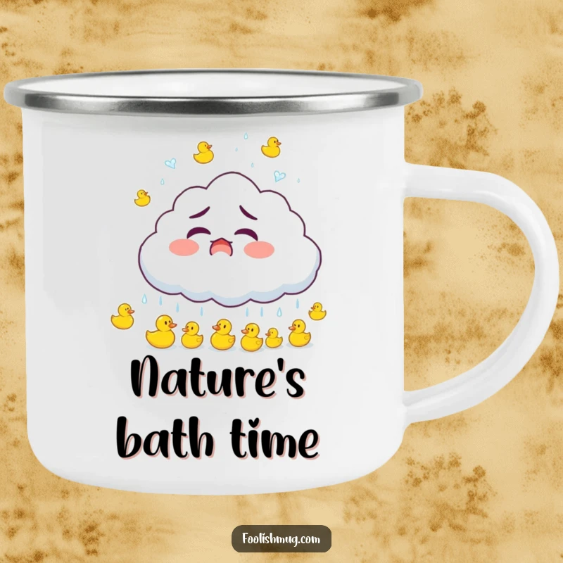 Funny cloud character raining tiny bouncing rubber ducks in a camping setting, a durable and humorous camping mug, a funny gift.