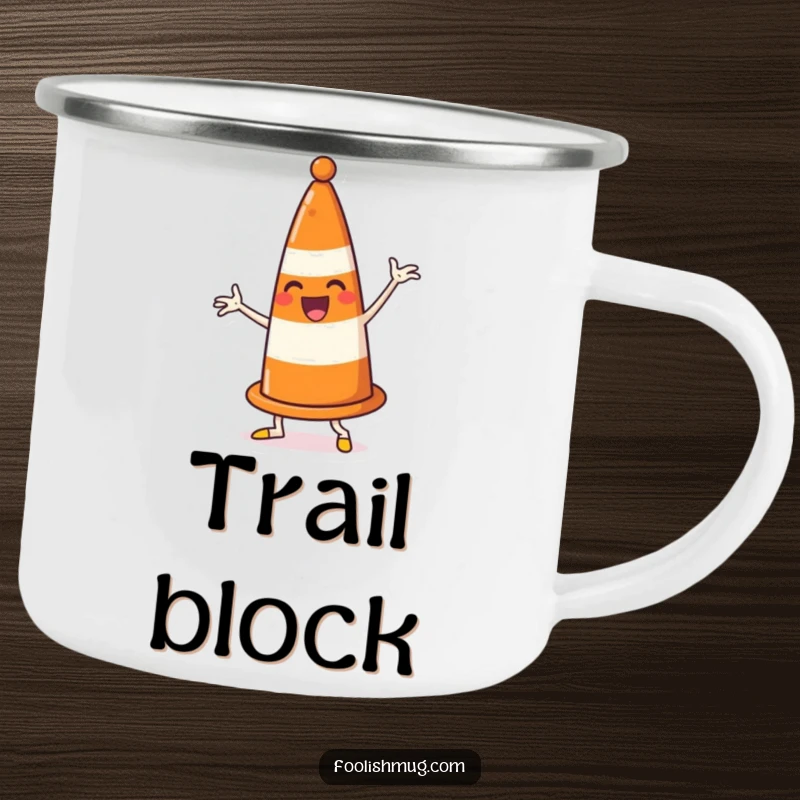 Funny traffic cone camping mug, enthusiastically dancing and comically blocking its own path, perfect for humorous outdoor adventures.