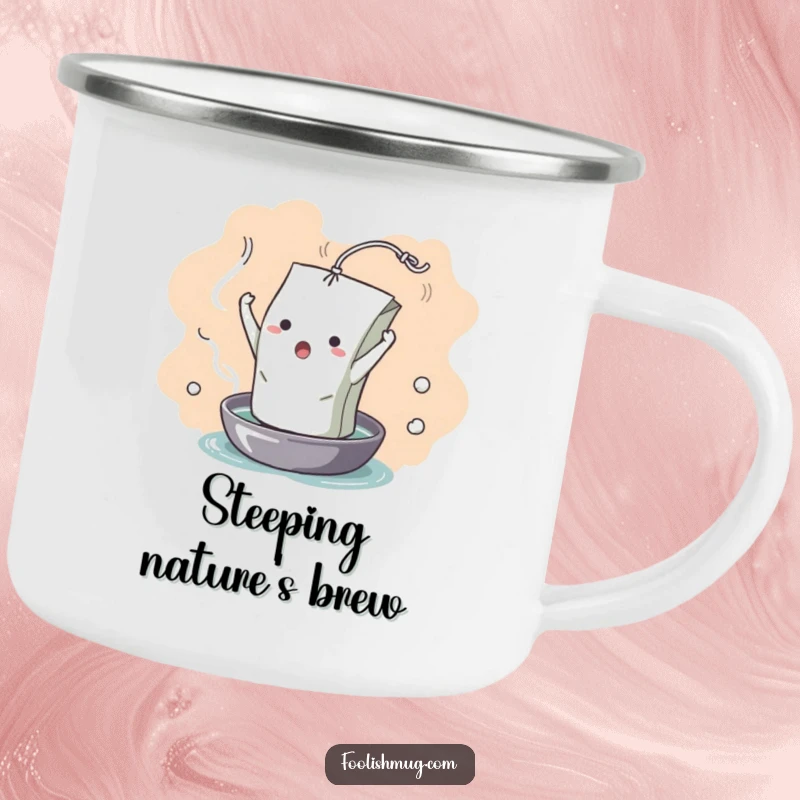 Funny Camping Mug: A dramatic teabag character unfurling into hot water, ready for outdoor adventures and laughs. Rugged humor for your travels.