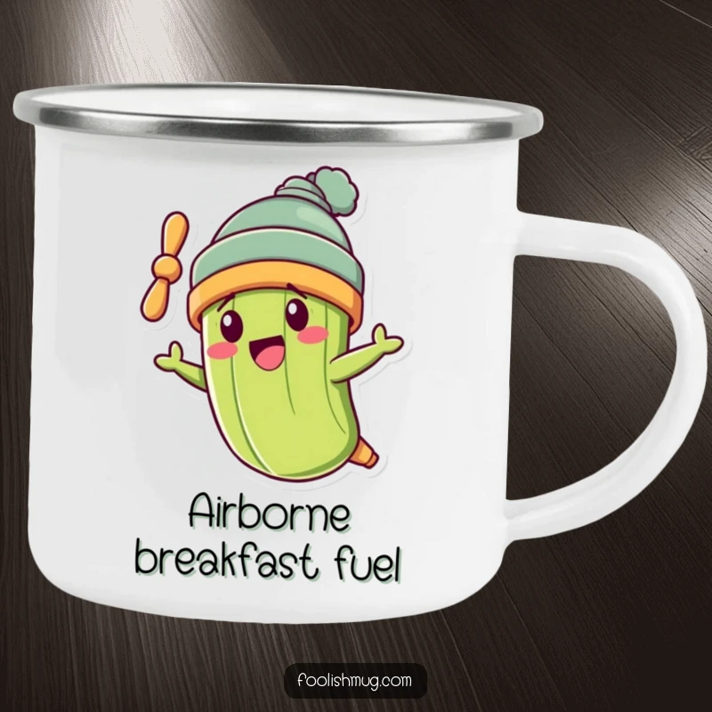 Funny pickle character wearing a propeller beanie, flying crookedly on a sturdy funny camping mug.