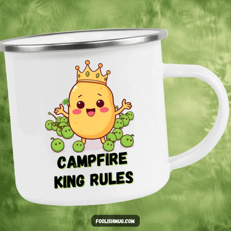Funny potato character wearing a tiny crown and directing a pea army on a camping mug, offering humorous royal enjoyment.