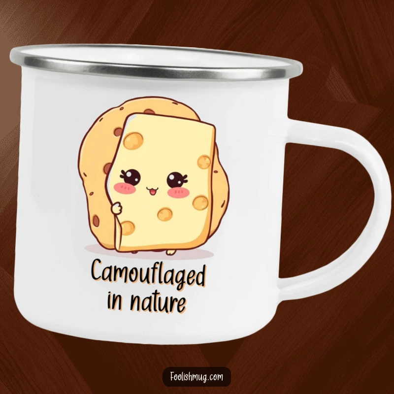 Funny Camping Mug with a blushing cheese slice character hiding behind a cracker, for outdoor charm and humor.