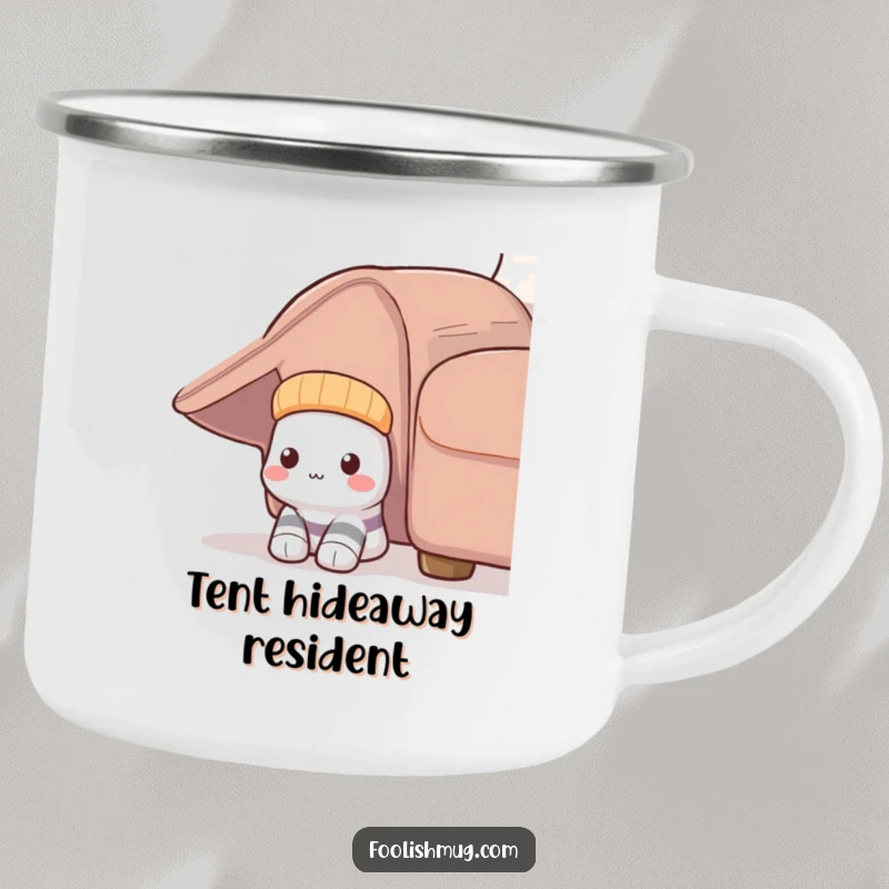 Funny Shy Sock Camping Mug: A durable mug featuring a shy sock humorously peeking from under a couch, perfect for quiet adventures.