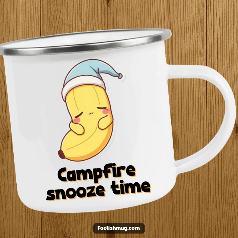 Funny sleepy banana character wearing a nightcap on a durable camping mug, ready for relaxation.