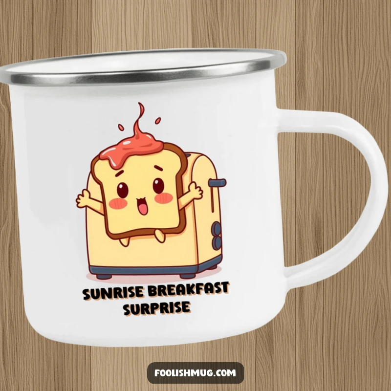 Funny surprised toast camping mug, toast jumping out of a toaster with jam, outdoor funny gift.