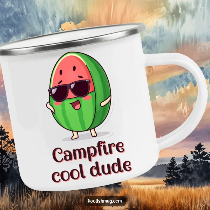 Funny Watermelon Camping Mug: A durable mug featuring a proud watermelon slice wearing cool sunglasses, ready for sunny adventures.