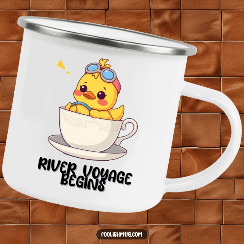 Funny camping mug with a confused rubber ducky character piloting a teacup, ready for a whimsical outdoor journey.
