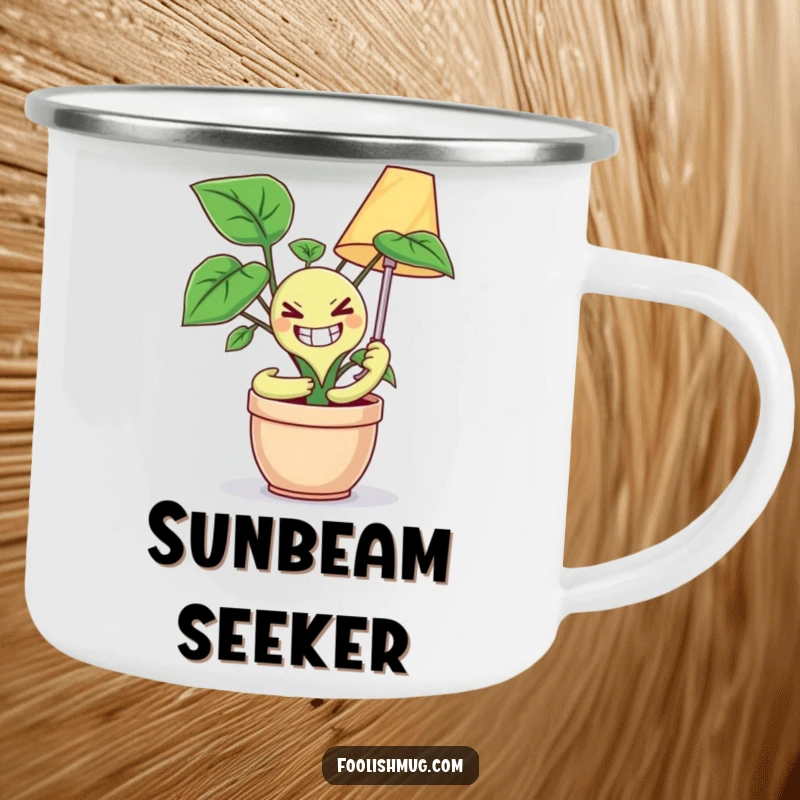 Funny camping mug depicting a potted plant with a crazed grin attempting to hug a lamp, ideal for outdoor enthusiasts with a taste for the odd.