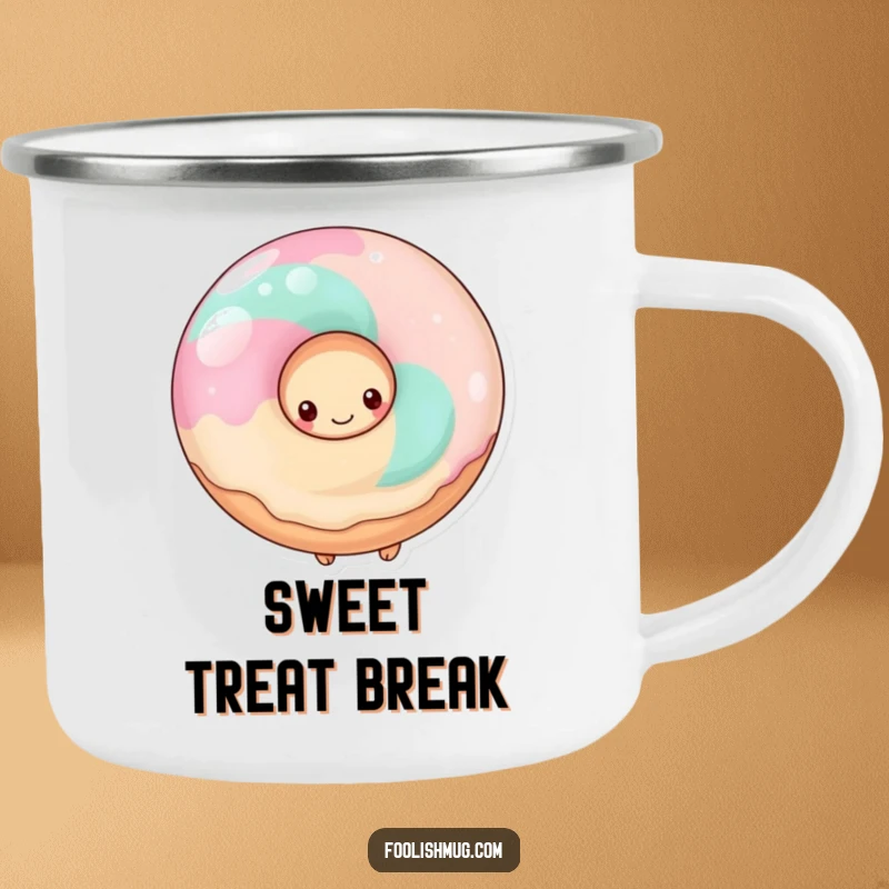 Funny shy donut hiding behind a giant lollipop, on a durable camping mug, for sweet outdoor moments.