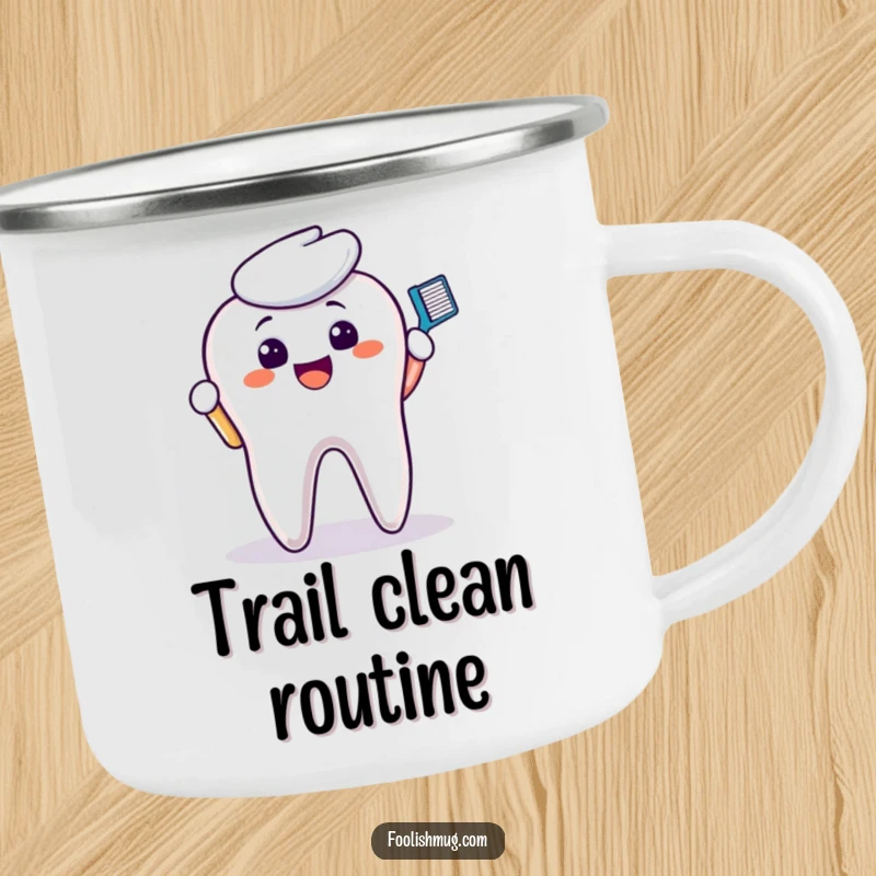 Funny Camping Mug: A smiling toothbrush character scrubs a molar, ready for outdoor adventures and maintaining oral hygiene.