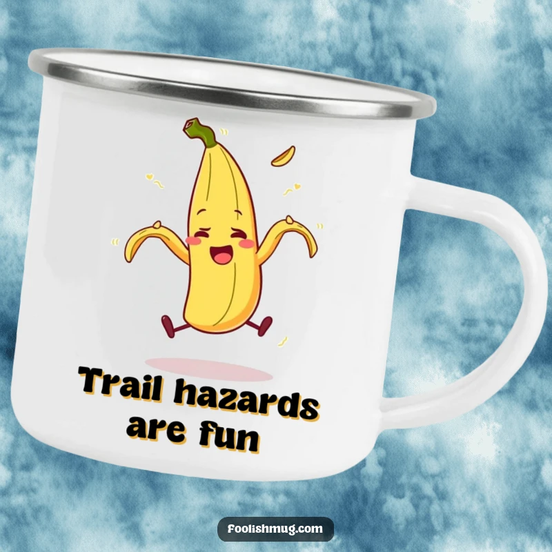 Funny banana peel character comically slipping on itself in a camping setting, a durable and humorous camping mug, a funny gift.