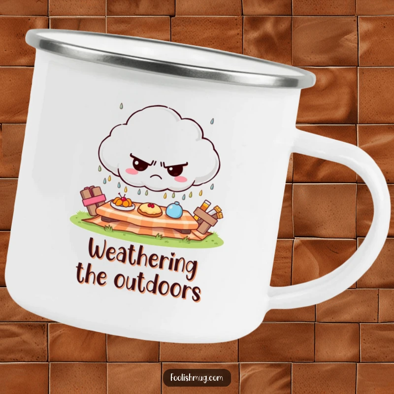 Funny grumpy cloud camping mug, raining frowns on a sunny picnic, outdoor funny gift.