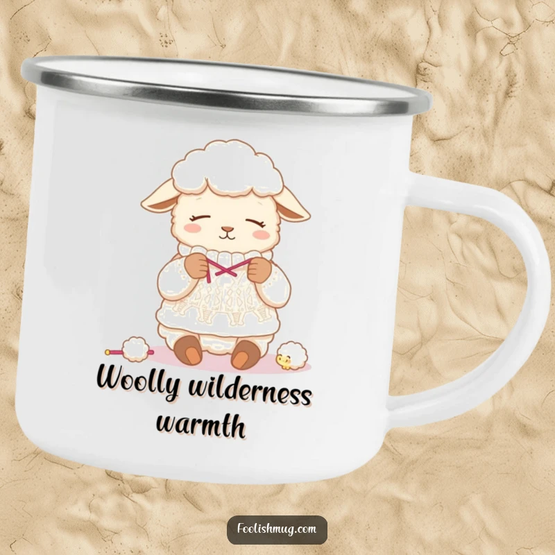 Funny sheep camping mug, showing a sleepy sheep humorously knitting a sweater from its own wool, ideal for outdoor enjoyment.