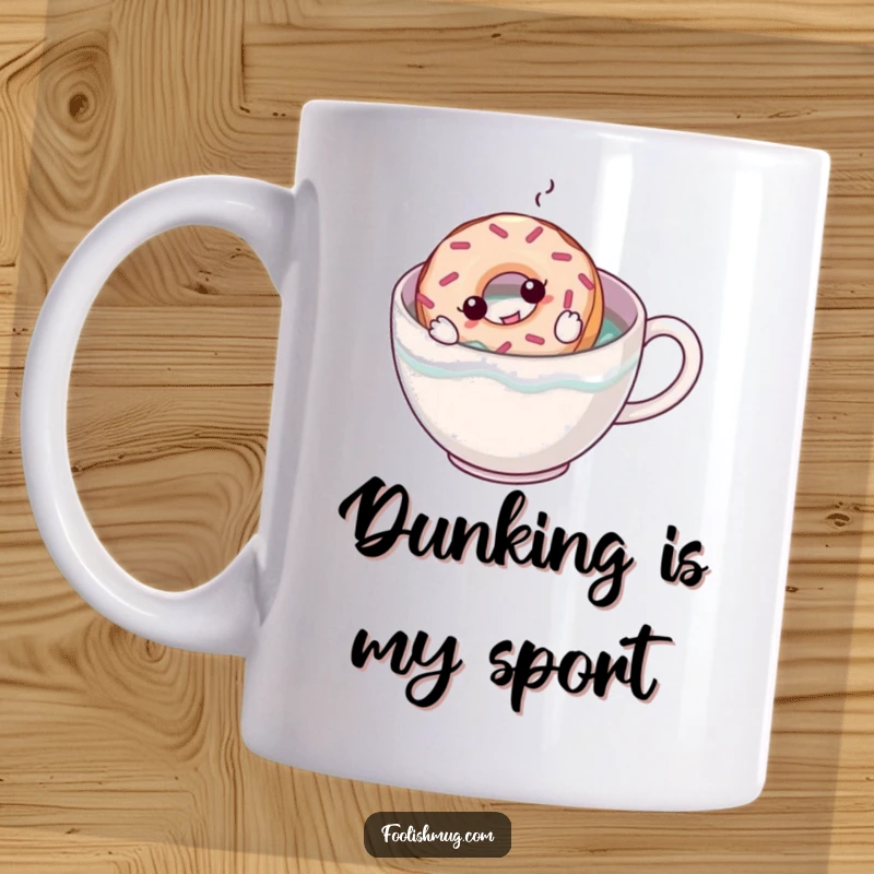 Funny mug showing a cartoon donut struggling to swim inside a large coffee cup filled with dark coffee, depicting a sweet, humorous scene.